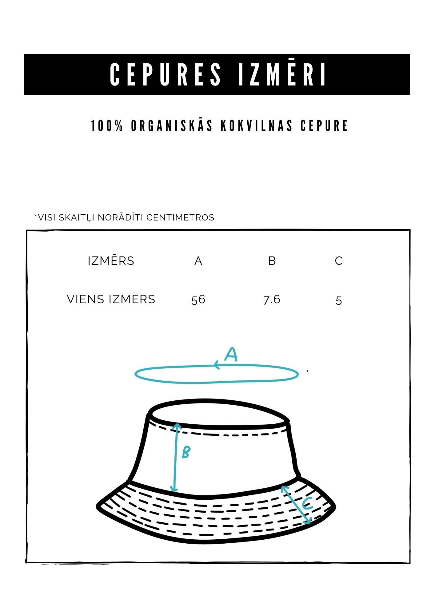 latviešu dizaina kokvilnas cepure dažādās krāsās izmēru tabula