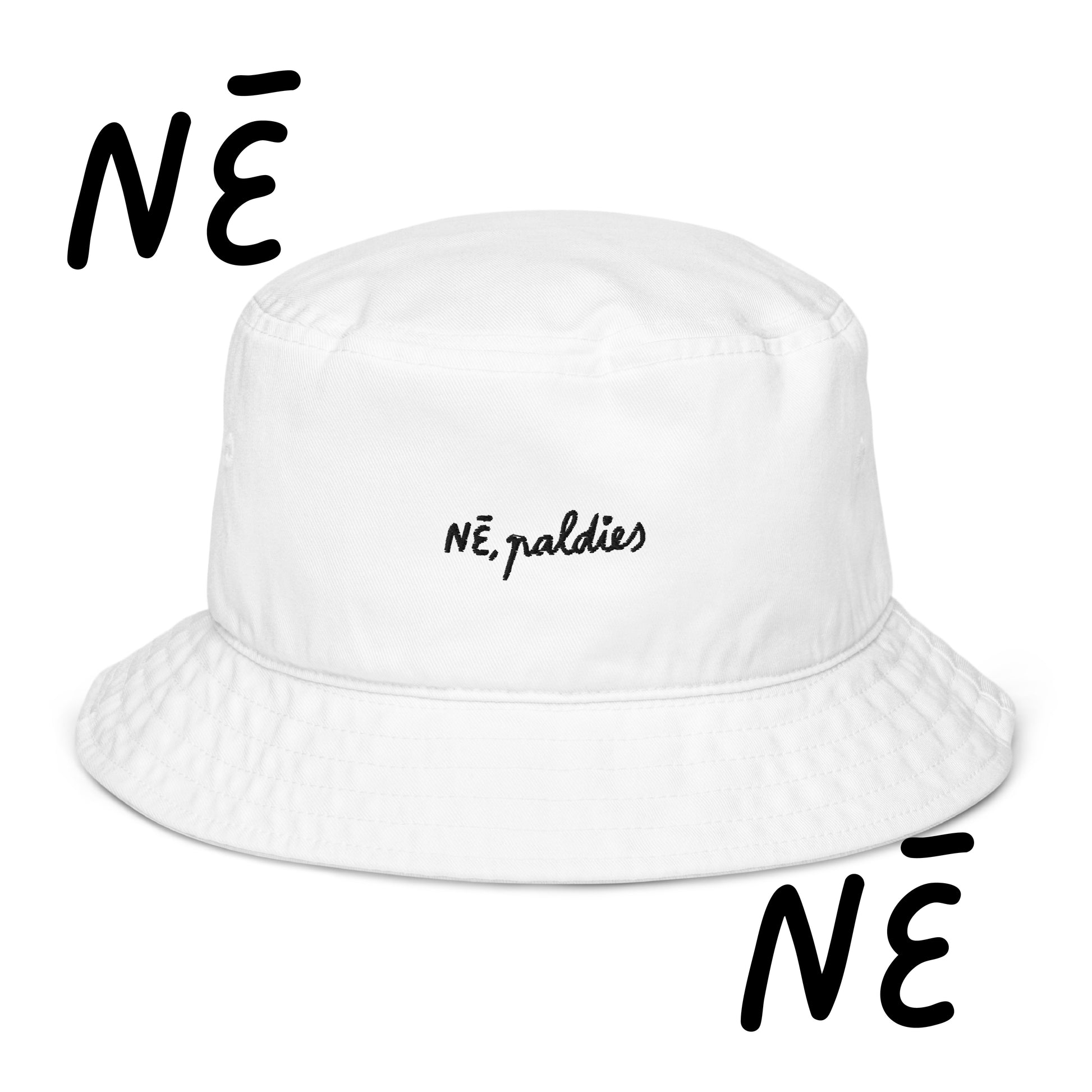 latviešu dizaina kokvilnas cepure ar izšūtu tekstu "nē, paldies" no veikala Viss apnicis