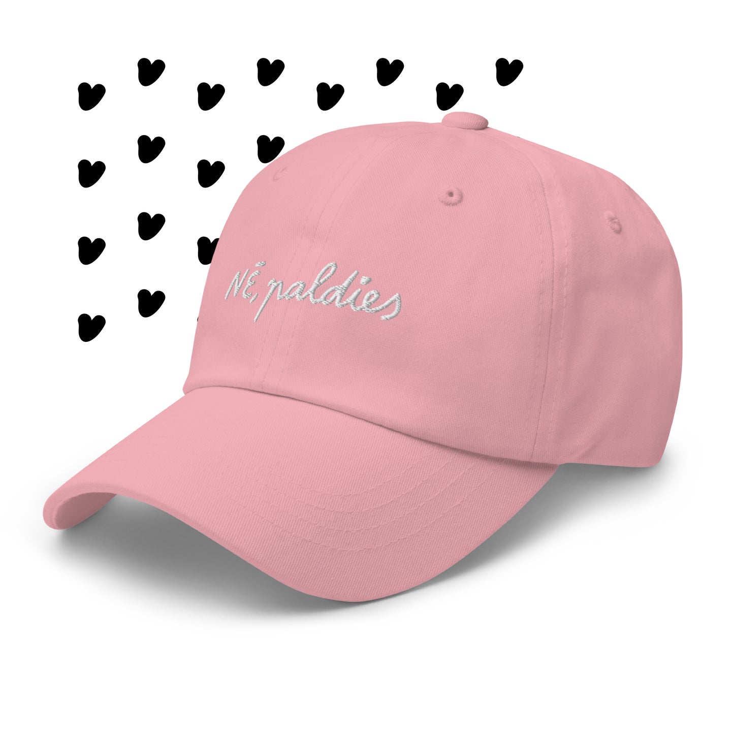 Rozā kepons ar nagu un ar izšūtu dizainu "NĒ, paldies"