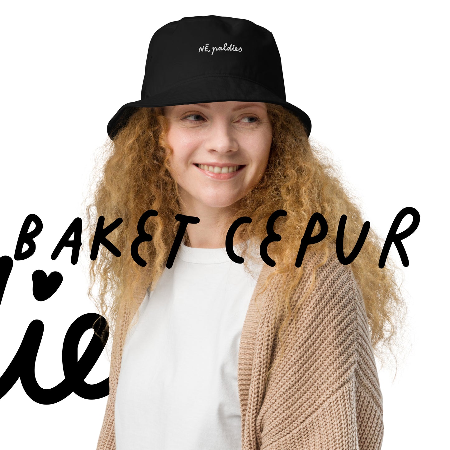 latviešu dizaina kokvilnas cepure ar izšūtu tekstu "nē, paldies" no veikala Viss apnicis